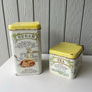 VTG 70s Sugar & Tea Tin Canister Set – Yellow Gingham Lids, Retro Farmhouse Kitc
